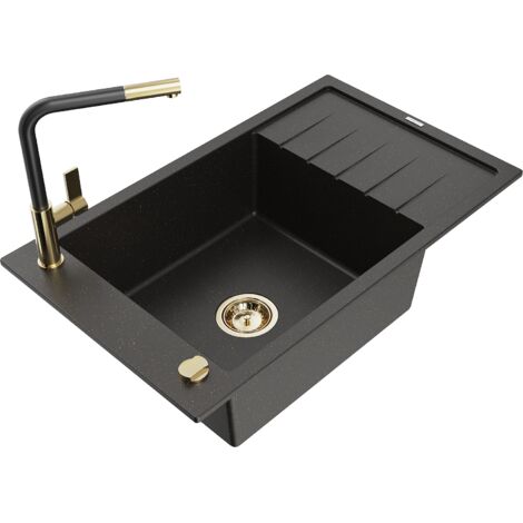 Mexen Elias 1 Becken-Granitspüle mit Abtropffläche und Mischbatterie Flora, Schwarz/Gold metallisch
