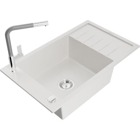 Mexen Elias 1 Becken-Granitspüle mit Abtropffläche und Mischbatterie Flora, Weiß - 6511-20-670401-06