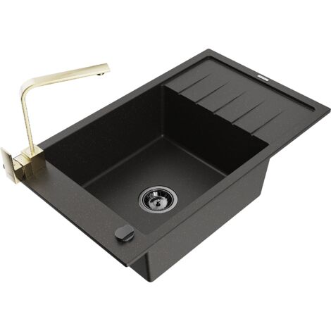Mexen Elias 1 Becken-Granitspüle mit Abtropffläche und Mischbatterie Rita, Schwarz/Gold metallisch -