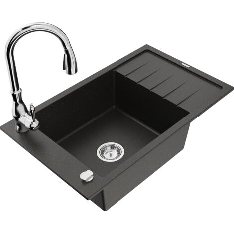 Mexen Elias 1 Becken-Granitspüle mit Abtropffläche und Mischbatterie Savita, Schwarz/Gold metallisch