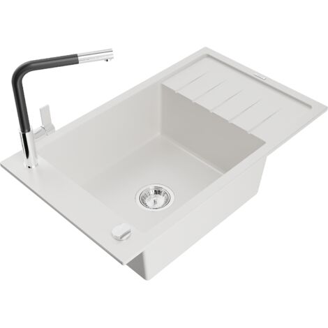 Mexen Elias fregadero de granito 1-cubeta con escurridor y grifo de cocina Flora, blanco - 6511-20-670401-07