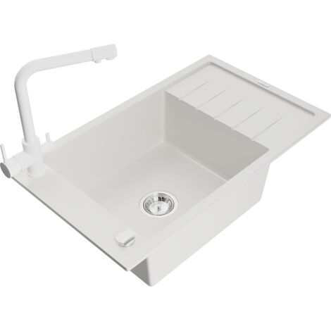 Mexen Elias fregadero de granito de 1 cubeta con escurridor y grifo de cocina Duero, blanco - 6511-20-671600-20