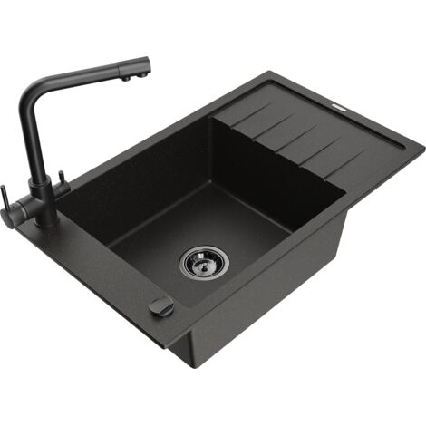 Mexen Elias fregadero de granito de 1 cubeta con escurridor y grifo de cocina Duero, negro/oro metalizado - 6511-75-671600-70-B