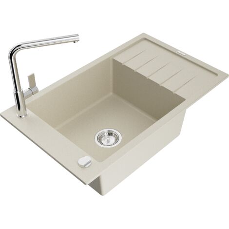 Mexen Elias fregadero de granito de 1 cubeta con escurridor y grifo de cocina Flora, beige - 6511-69-670401-00