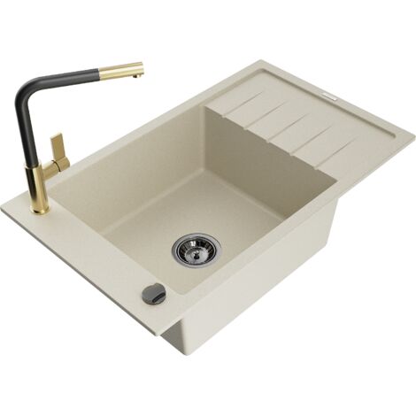 Mexen Elias fregadero de granito de 1 cubeta con escurridor y grifo de cocina Flora, beige - 6511-69-670401-57-B