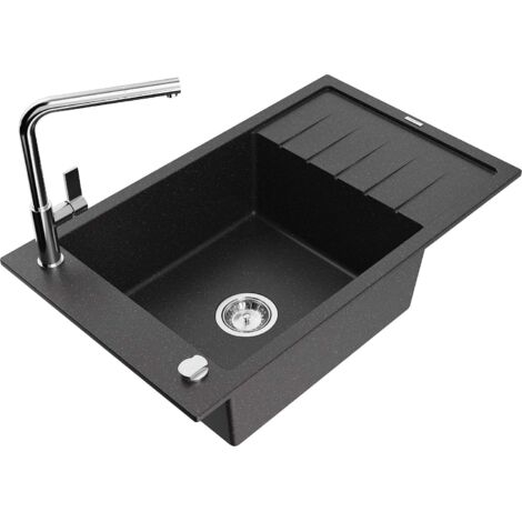 Mexen Elias fregadero de granito de 1 cubeta con escurridor y grifo de cocina Flora, negro/plateado met谩lico