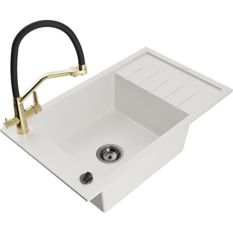 Mexen Elias fregadero de granito de 1 cuenco con escurridor y grifo de cocina Duo, blanco - 6511-20-671701-57-B