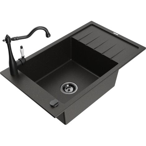 Mexen Elias fregadero de granito de 1 seno con escurridor y grifo de cocina Carla, negro/oro met谩lico - 6511-75-670700-70-B