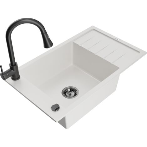 Mexen Elias fregadero de granito de 1 seno con escurridor y grifo de cocina Elia, blanco - 6511-20-670101-70