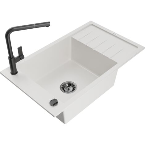 Mexen Elias fregadero de granito de 1 seno con escurridor y grifo de cocina Flora, blanco - 6511-20-670401-70-B