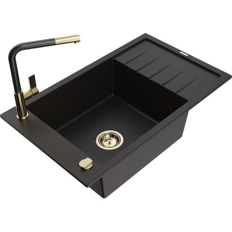 Mexen Elias fregadero de granito de 1 seno con escurridor y grifo de cocina Flora, negro - 6511-77-670401-57-G