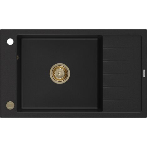Mexen Elias Granitspüle mit einem Becken und einer Abtropffläche 795 x 480 mm, Schwarz, Siphon Gold