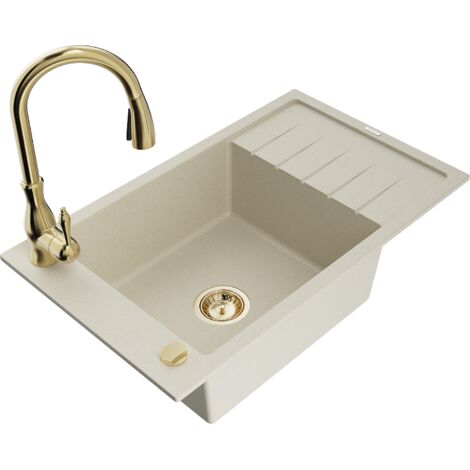 Mexen Elias lavello da cucina in granito 1-vasca con scolapiatti e rubinetto cucina Savita, beige - 6511-69-672601-50