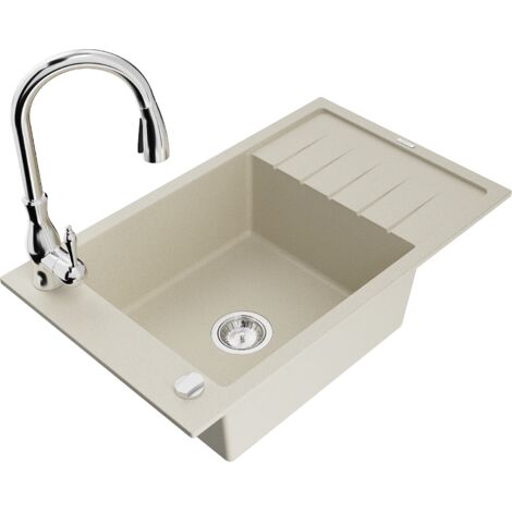 Mexen Elias lavello da cucina in granito con 1 vasca e sgocciolatoio e rubinetto da cucina Savita, beige - 6511-69-672601-00