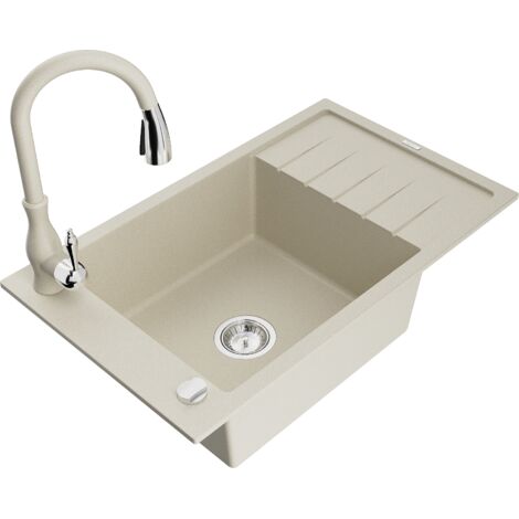 Mexen Elias lavello in granito 1-vasca con scolapiatti e miscelatore cucina Savita, beige - 6511-69-672601-69