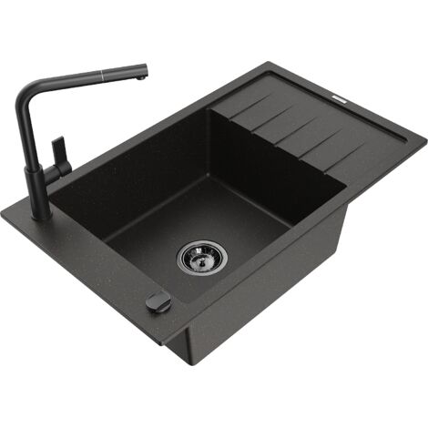 Mexen Elias lavello in granito 1-vasca con scolapiatti e rubinetto cucina Flora, nero/oro metallizzato - 6511-75-670401-70-B