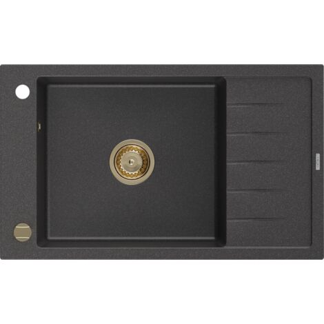 Mexen Elias lavello in granito a 1 vasca con gocciolatoio 795 x 480 mm, nero maculato, sifone dorato - 6511791005-76-G