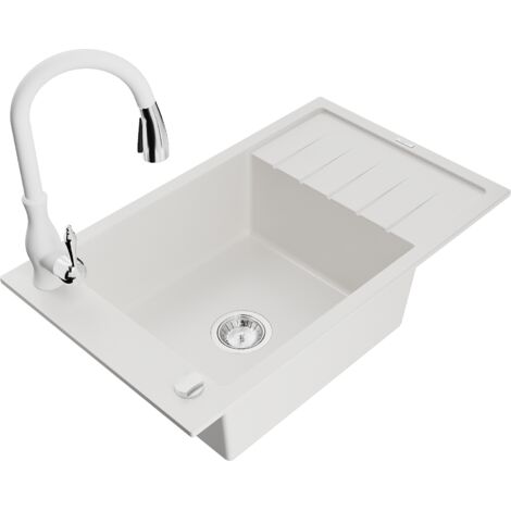 Mexen Elias lavello in granito a 1 vasca con scolapiatti e miscelatore cucina Savita, bianco - 6511-20-672601-20