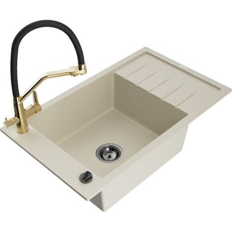 Mexen Elias lavello in granito a 1 vasca con scolapiatti e rubinetto da cucina Duo, beige - 6511-69-671701-57-B