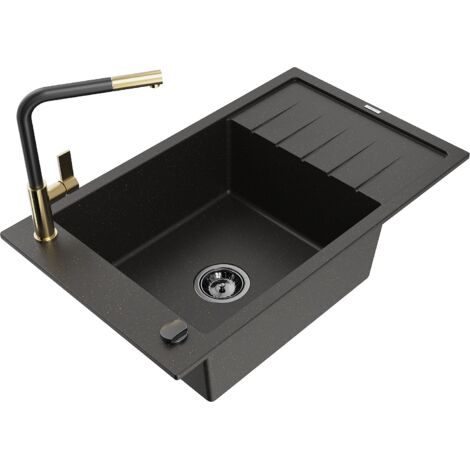 Mexen Elias lavello in granito a 1 vasca con scolapiatti e rubinetto da cucina Flora, nero/oro metallizzato