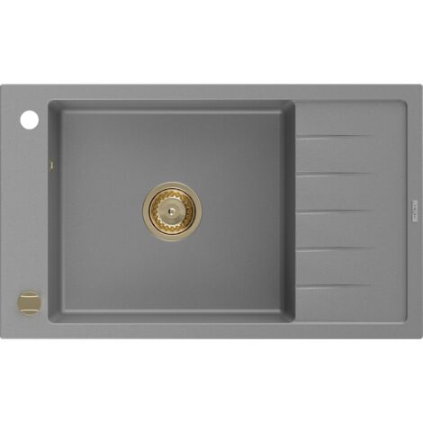 Mexen Elias lavello in granito a 1 vasca con sgocciolatoio 795 x 480 mm, grigio, sifone dorato - 6511791005-71-G