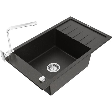 Mexen Elias lavello in granito a 1 vasca con sgocciolatoio e miscelatore da cucina Rita, nero/argento metallizzato