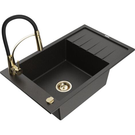 Mexen Elias lavello in granito a 1 vasca con sgocciolatoio e rubinetto da cucina Aster, nero/oro metallico - 6511-75-73450-57-G