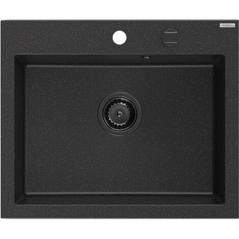 Mexen Elix fregadero de granito 1-cubeta 600 x 500 mm, negro/met谩lico plateado, sif贸n negro - 6525601005-73-B