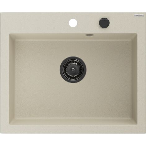 Mexen Elix fregadero de granito de 1 cubeta 600 x 500 mm, beige, sif贸n negro- 6525601005-69-B