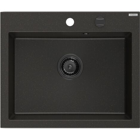 Mexen Elix fregadero de granito de 1 cubeta 600 x 500 mm, negro/dorado met谩lico, sif贸n negro - 6525601005-75-B