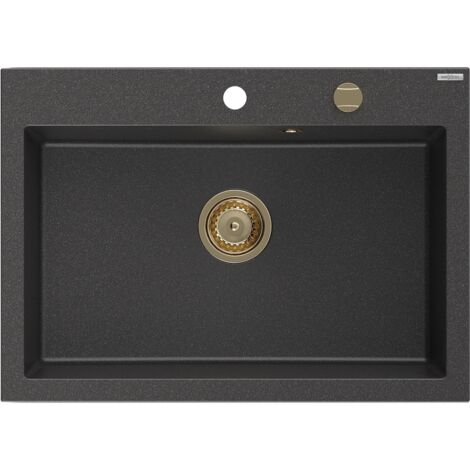 Mexen Elix Granitspüle 1-beckig 700 x 500 mm, schwarz gesprenkelt, goldener Siphon - 6526701005-76-G