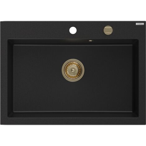 Mexen Elix Granitspüle 1-beckig 700 x 500 mm, schwarz, Siphon gold - 6526701005-77-G