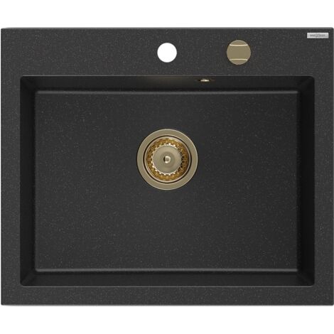 Mexen Elix lavello da cucina in granito 1-vasca 600 x 500 mm, nero/argento metallizzato, sifone dorato - 6525601005-73-G