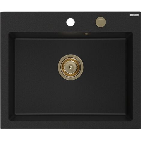 Mexen Elix lavello in granito a 1 vasca 600 x 500 mm, nero, sifone dorato - 6525601005-77-G