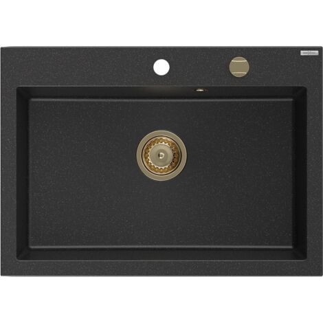 Mexen Elix lavello in granito a 1 vasca 700 x 500 mm, nero/argento metallizzato, sifone dorato - 6526701005-73-G