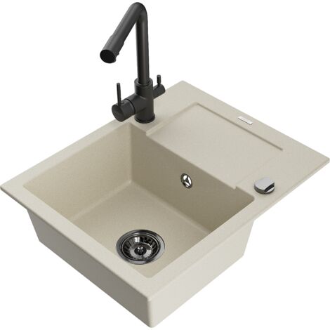 Mexen Enzo 1 Becken-Granitspüle mit Abtropffläche und Mischbatterie Duero, Beige - 6506-69-671600-70