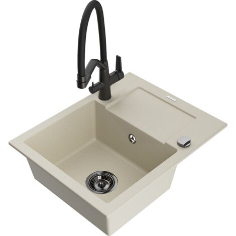 Mexen Enzo 1 Becken-Granitspüle mit Abtropffläche und Mischbatterie Duo, Beige - 6506-69-671701-70-B