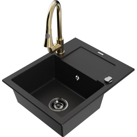 Mexen Enzo 1 Becken-Granitspüle mit Abtropffläche und Mischbatterie Elia, Schwarz - 6506-77-670101-5