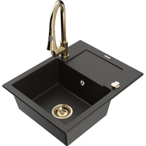Mexen Enzo 1 Becken-Granitspüle mit Abtropffläche und Mischbatterie Elia, Schwarz/Gold metallisch -