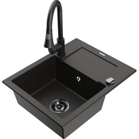 Mexen Enzo 1 Becken-Granitspüle mit Abtropffläche und Mischbatterie Elia, Schwarz/Gold metallisch -