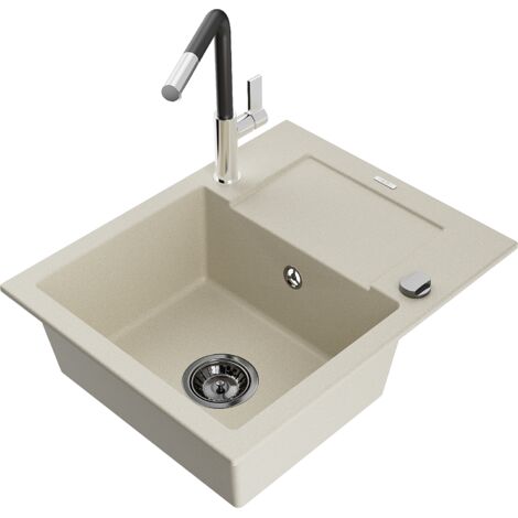 Mexen Enzo 1 Becken-Granitspüle mit Abtropffläche und Mischbatterie Flora, Beige - 6506-69-670401-07