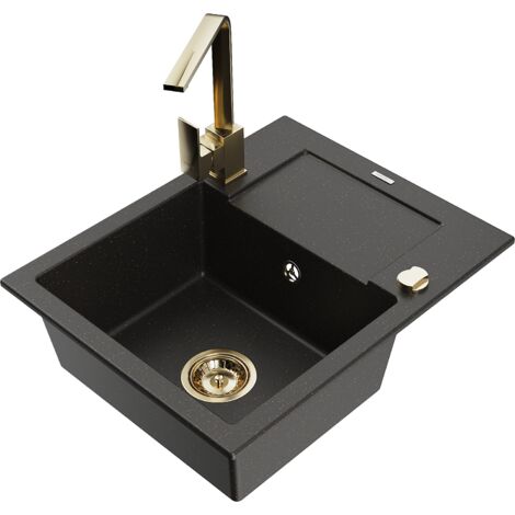 Mexen Enzo 1 Becken-Granitspüle mit Abtropffläche und Mischbatterie Rita, Schwarz/Gold metallisch -