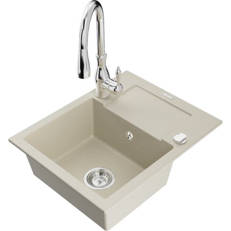 Mexen Enzo 1 Becken-Granitspüle mit Abtropffläche und Mischbatterie Savita, Beige - 6506-69-672601-0