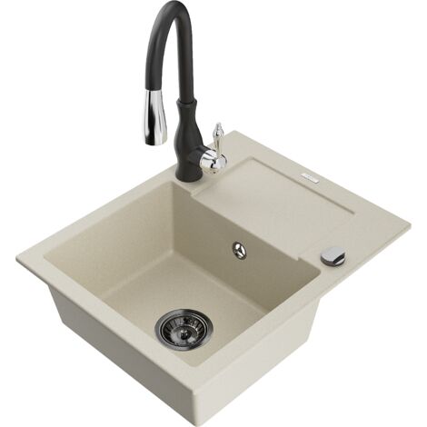 Mexen Enzo 1 Becken-Granitspüle mit Abtropffläche und Mischbatterie Savita, Beige - 6506-69-672601-7