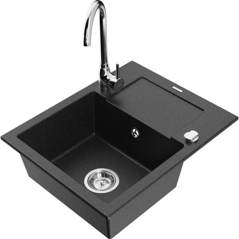 Mexen Enzo 1 Becken-Granitspüle mit Abtropffläche und Mischbatterie Telma, Schwarz/Silber - 6506-73-