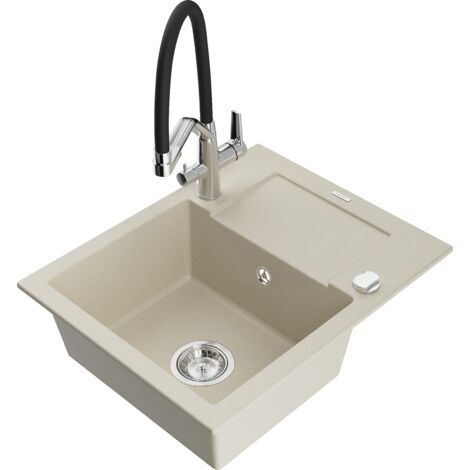 Mexen Enzo évier granit 1 bac avec égouttoir et robinet de cuisine Duo, beige - 6506-69-671701-07
