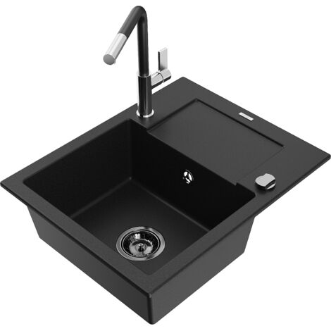 Mexen Enzo évier granit 1 bac avec égouttoir et robinet de cuisine Flora, noir - 6506-77-670401-07-B