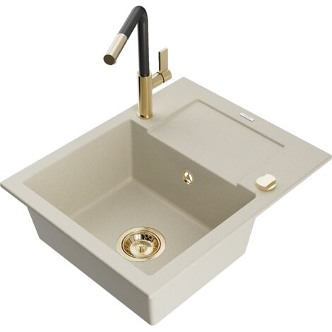 Mexen Enzo évier granitique 1 bac avec égouttoir et robinet de cuisine Flora, beige - 6506-69-670401-57-G
