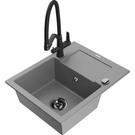 Mexen Enzo fregadero de granito 1-cubeta con escurridor y grifo de cocina Duo, gris - 6506-71-671701-70-B