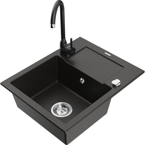 Mexen Enzo fregadero de granito de 1 c谩mara con escurridor y grifo de cocina Telma, negro/oro - 6506-75-670200-70
